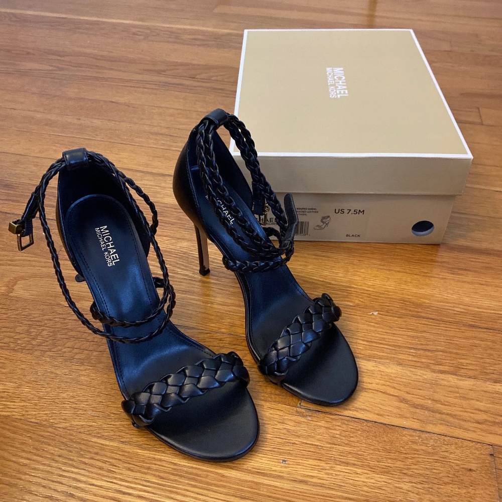 Michael Kors Black Astrid Braided Faux Leather Sandal size 7.5M